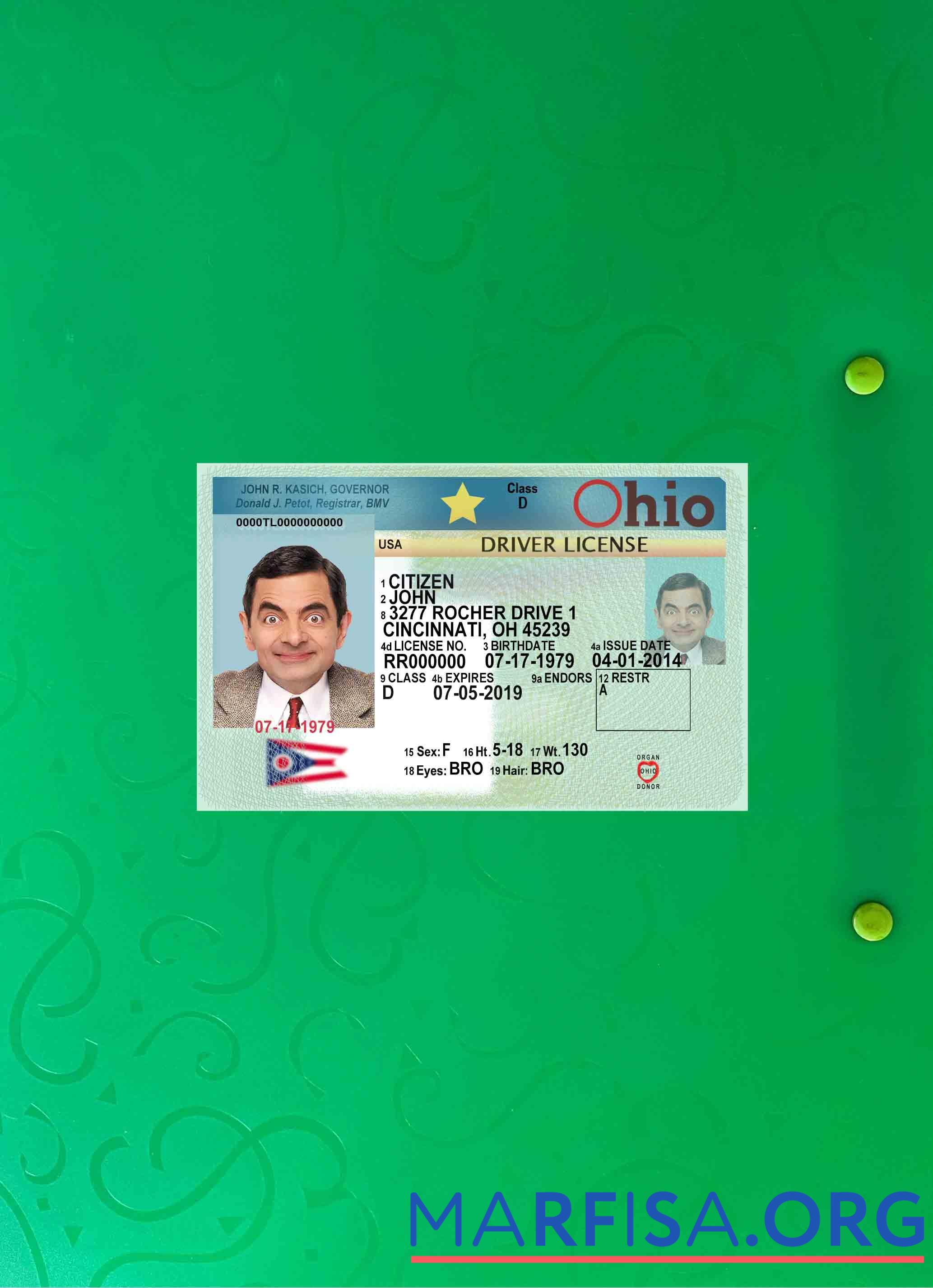 Downloadable USA Ohio driving license 2018 present photolook sample